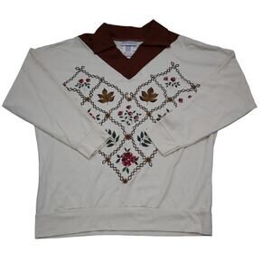 Adrian Delafield Sweater Womens M White Floral Print Collared Pullover